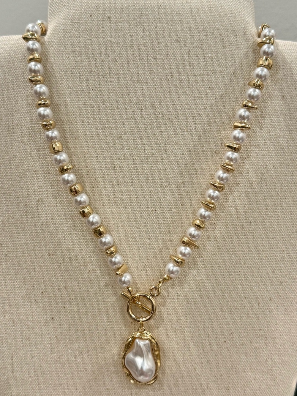 Gold and Pearl Bead Toggle Necklace with Baroque Pearl Pendant